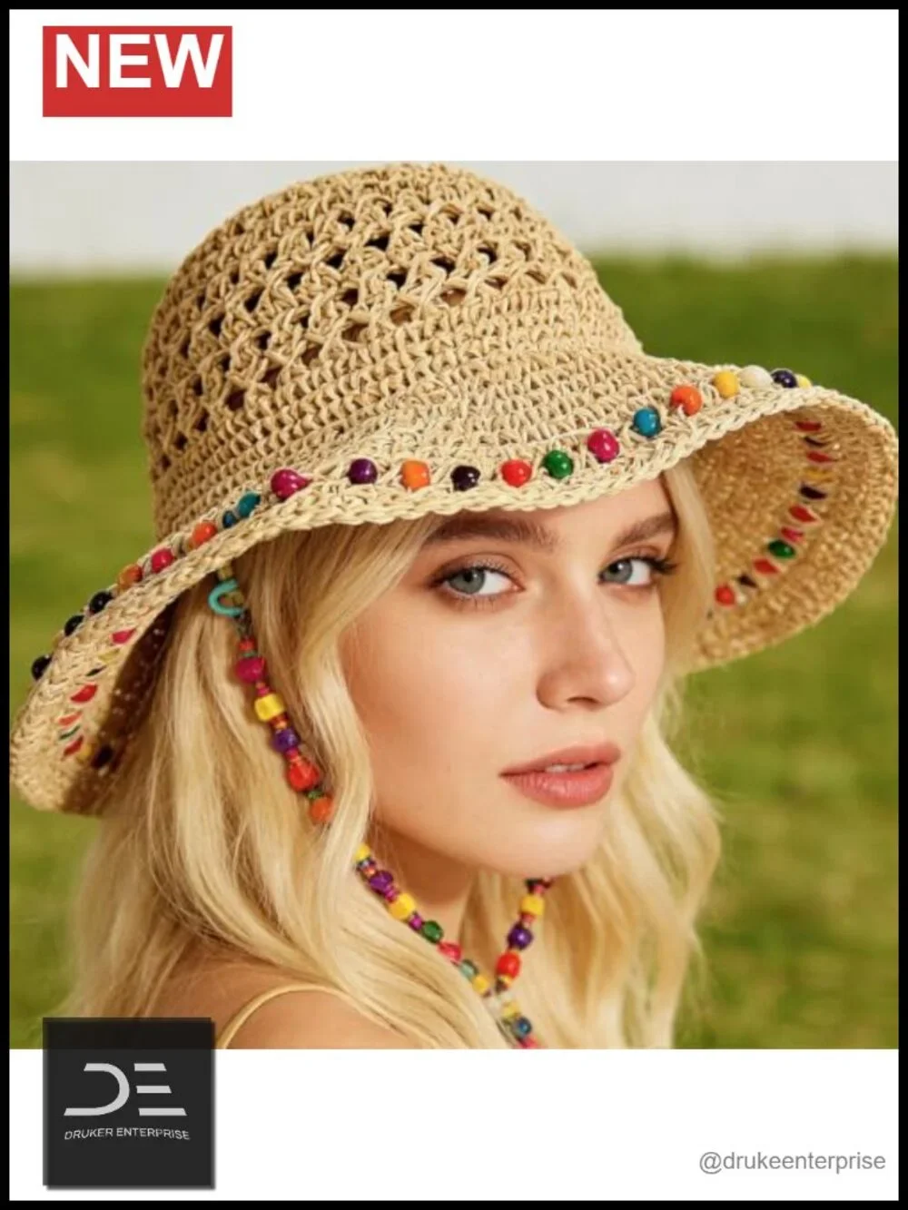 Wide Brim Straw Sun Hat with Rainbow Beaded Strap Packable for Travel